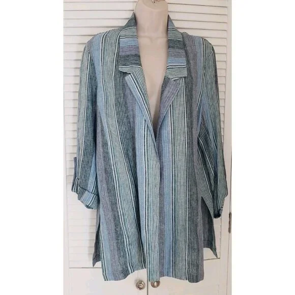 BAN•JARA OPEN FRONT STRIPED 3/4 SLEEVES BLAZER LARGE - Picture 1 of 7